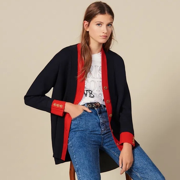Sandro Sweaters - Sandro Black Cardigan with Red Trim